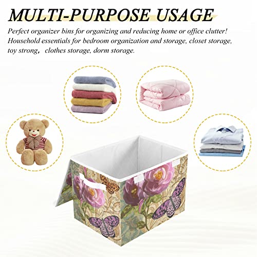 innewgogo Vintage Flowers Butterfly Storage Bins with Lids for Organizing Cube Cubby with Handles Oxford Cloth Storage Cube Box for Toys