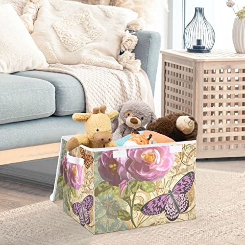 innewgogo Vintage Flowers Butterfly Storage Bins with Lids for Organizing Cube Cubby with Handles Oxford Cloth Storage Cube Box for Toys
