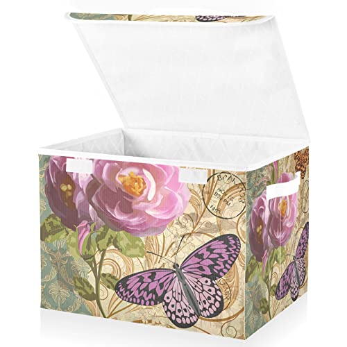 innewgogo Vintage Flowers Butterfly Storage Bins with Lids for Organizing Cube Cubby with Handles Oxford Cloth Storage Cube Box for Toys