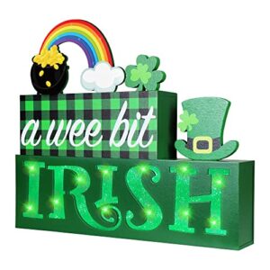 st patrick's day wooden block sign with led lights- a wee bit irish shamrock light up wood sign for table mantle- irish festive farmhouse home battery operated wooden sign tabletop tiered tray decor
