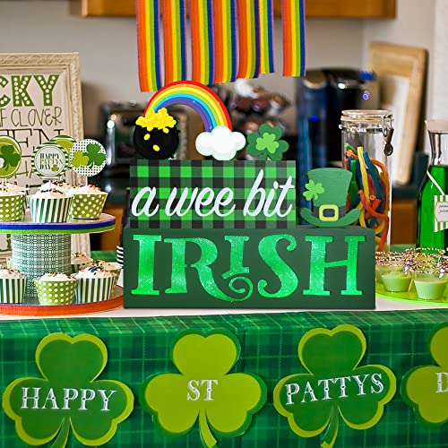 St Patrick's Day Wooden Block Sign with Led Lights- A Wee Bit Irish Shamrock Light up Wood Sign for Table Mantle- Irish Festive Farmhouse Home Battery Operated Wooden Sign Tabletop Tiered Tray Decor