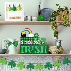 St Patrick's Day Wooden Block Sign with Led Lights- A Wee Bit Irish Shamrock Light up Wood Sign for Table Mantle- Irish Festive Farmhouse Home Battery Operated Wooden Sign Tabletop Tiered Tray Decor