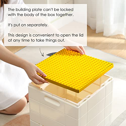 SHIMOYAMA Collapsible Duplo Storage Box, 2 Pack, 25L Storage Bins with Building Play Lid, 26 Qt. Foldable Organizer for Duplo Bricks, Yellow and Red