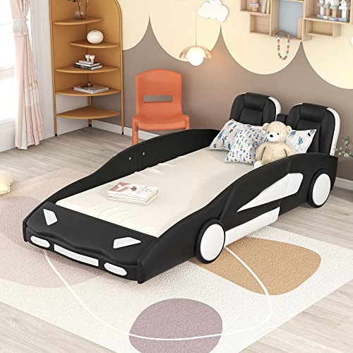 JIVOIT Twin Size Race Car-Shaped Platform Bed with Wheels, Wooden Platform Bed Frame with Two Seats and Wood Slat Support, Twin Car Bed for Kids Teens