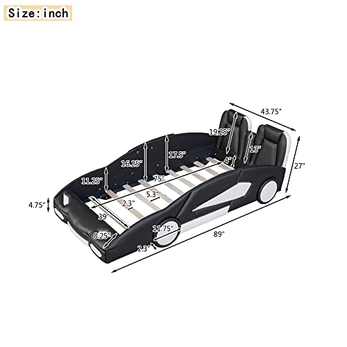 JIVOIT Twin Size Race Car-Shaped Platform Bed with Wheels, Wooden Platform Bed Frame with Two Seats and Wood Slat Support, Twin Car Bed for Kids Teens