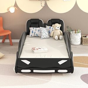 JIVOIT Twin Size Race Car-Shaped Platform Bed with Wheels, Wooden Platform Bed Frame with Two Seats and Wood Slat Support, Twin Car Bed for Kids Teens