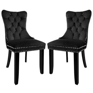 wonder comfort velvet upholstered with nailhead back and ring pull trim solid wood dining chairs set of 2, 19.724.437.4, black
