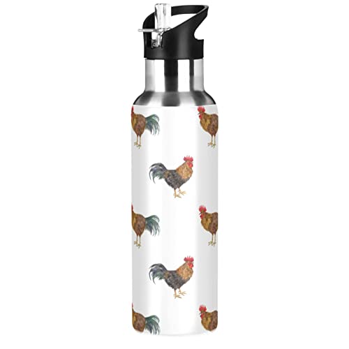 Oarencol Watercolor Rooster Water Bottle Stainless Steel Vacuum Insulated Thermos with Straw Lid 20 Oz