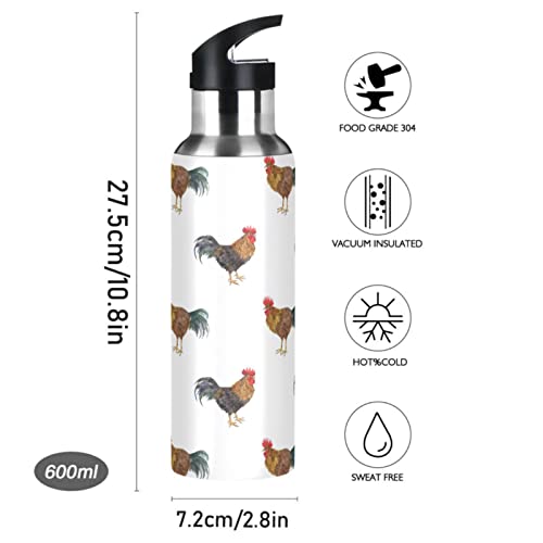 Oarencol Watercolor Rooster Water Bottle Stainless Steel Vacuum Insulated Thermos with Straw Lid 20 Oz