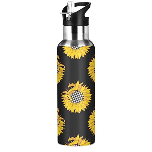 Oarencol Buffalo Sunflower Water Bottle Plaid Floral Stainless Steel Vacuum Insulated Thermos with Straw Lid 20 Oz