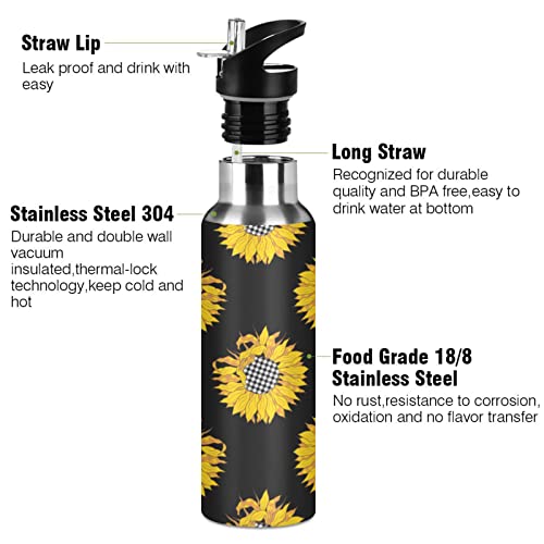 Oarencol Buffalo Sunflower Water Bottle Plaid Floral Stainless Steel Vacuum Insulated Thermos with Straw Lid 20 Oz