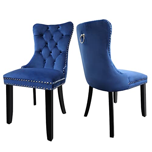 Wonder Comfort Velvet Upholstered with Nailhead Back and Ring Pull Trim Solid Wood Dining Chairs Set of 2, 19.724.437.4, Blue