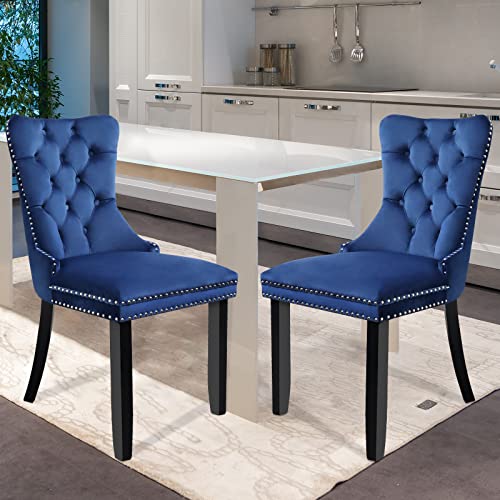 Wonder Comfort Velvet Upholstered with Nailhead Back and Ring Pull Trim Solid Wood Dining Chairs Set of 2, 19.724.437.4, Blue