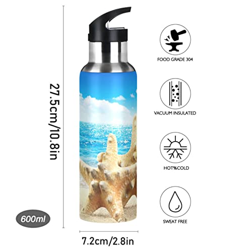 Oarencol Starfish Beach Sandy Water Bottle Ocean Sky Stainless Steel Vacuum Insulated Thermos with Straw Lid 20 Oz