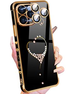 petitian for iphone 13 pro max case, cute women girls bling glitter designed heart phone cases for iphone 13 pro max, girly gold plating phone cover for 13 promax with camera protector black