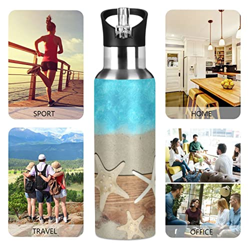 Oarencol Starfish Seashell Water Bottle Blue Sea Beach Stainless Steel Vacuum Insulated Thermos with Straw Lid 20 Oz