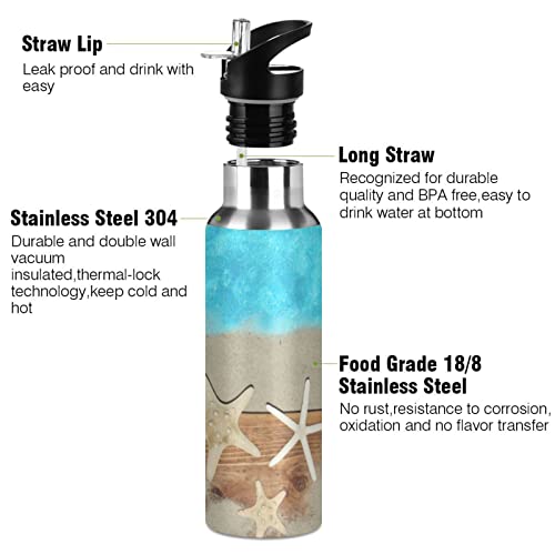 Oarencol Starfish Seashell Water Bottle Blue Sea Beach Stainless Steel Vacuum Insulated Thermos with Straw Lid 20 Oz