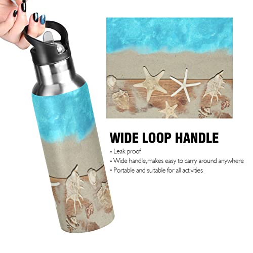 Oarencol Starfish Seashell Water Bottle Blue Sea Beach Stainless Steel Vacuum Insulated Thermos with Straw Lid 20 Oz