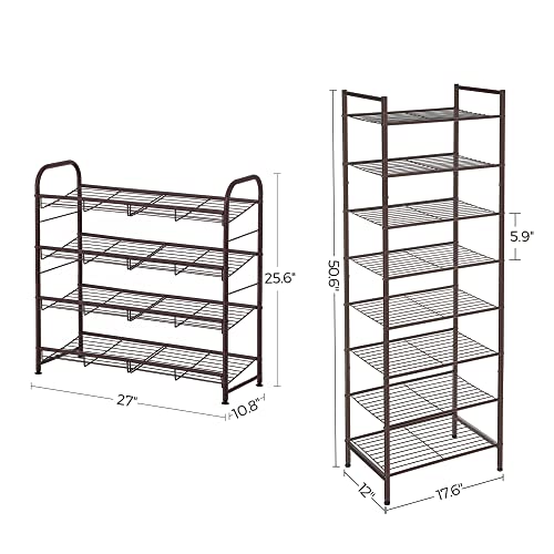 SONGMICS 4-Tier Shoe Rack and 8-Tier Storage Rack Bundle, Shoe Organizer, Sturdy Narrow Shoe Shelf, Adjustable Feet, Vertical Shoes Rack Tower for Entryway, Bronze ULMR067A01 and ULMR028A01