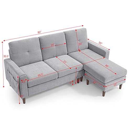 80” Convertible Sectional Sofa Couch, 3 Seats L-Shape Sofa with Removable Cushions and Pocket, Rubber Wood Legs (Light Grey Chenille)