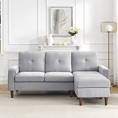 80” Convertible Sectional Sofa Couch, 3 Seats L-Shape Sofa with Removable Cushions and Pocket, Rubber Wood Legs (Light Grey Chenille)