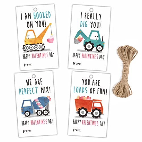 2.1" x 3.5" Valentine's Day Gift Wrap Tags | Construction Theme Happy Valentine's Day Gift Wrapping Decorations and Supplies for Kids | 40 Gift Tags with Strings-DP-001