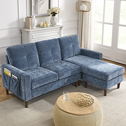 80” Convertible Sectional Sofa Couch, 3 Seats L-Shape Sofa with Removable Cushions and Pocket, Rubber Wood Legs (Navy Chenille)