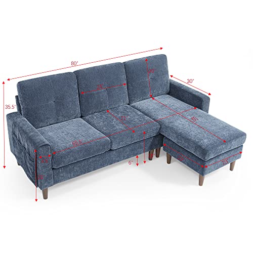 80” Convertible Sectional Sofa Couch, 3 Seats L-Shape Sofa with Removable Cushions and Pocket, Rubber Wood Legs (Navy Chenille)