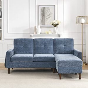 80” Convertible Sectional Sofa Couch, 3 Seats L-Shape Sofa with Removable Cushions and Pocket, Rubber Wood Legs (Navy Chenille)