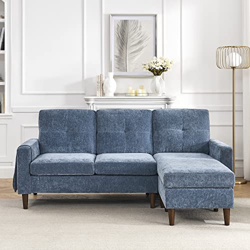 80” Convertible Sectional Sofa Couch, 3 Seats L-Shape Sofa with Removable Cushions and Pocket, Rubber Wood Legs (Navy Chenille)