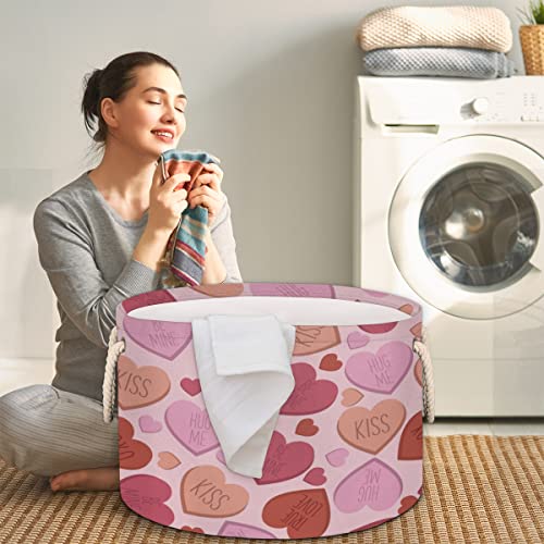 Candy Heart Valentines Day Large Round Baskets for Storage Laundry Baskets with Handles Blanket Storage Basket for Bathroom Shelves Bins for Organizing Nursery Hamper Girl Boy