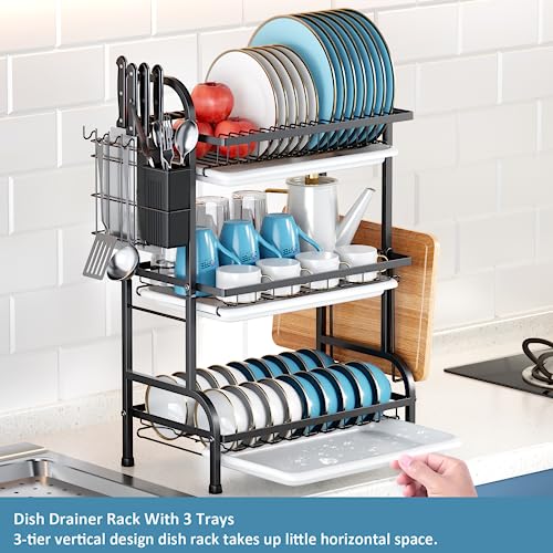 DUANFEE Dish Drying Rack for Kitchen Counter, 3 Tier Dish Rack with Drainboard, Large Dishes Racks Rustproof Dish Dryer Rack, Black