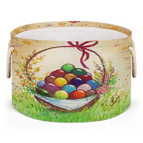 Colorful Eggs Easter Pattern (2) Large Round Baskets for Storage Laundry Baskets with Handles Blanket Storage Basket for Bathroom Shelves Bins for Organizing Nursery Hamper Girl Boy
