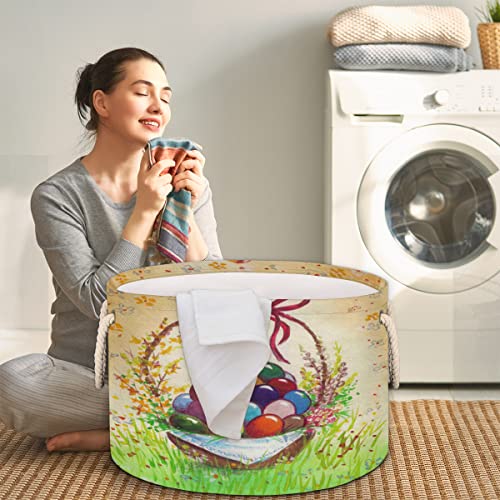 Colorful Eggs Easter Pattern (2) Large Round Baskets for Storage Laundry Baskets with Handles Blanket Storage Basket for Bathroom Shelves Bins for Organizing Nursery Hamper Girl Boy