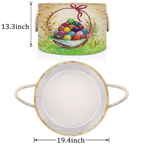 Colorful Eggs Easter Pattern (2) Large Round Baskets for Storage Laundry Baskets with Handles Blanket Storage Basket for Bathroom Shelves Bins for Organizing Nursery Hamper Girl Boy