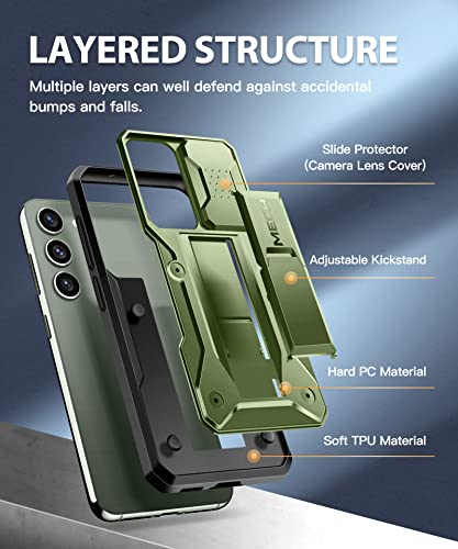 Tongate for Samsung Galaxy S23 Case with Sliding Camera Cover & Screen Protector, [10FT Military Drop Protection] Rugged Shockproof Phone Case for Galaxy S23 with Kickstand Case, Green