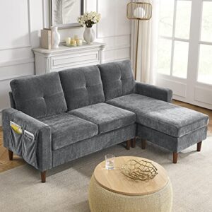80” convertible sectional sofa couch, 3 seats l-shape sofa with removable cushions and pocket, rubber wood legs (dark grey chenille)