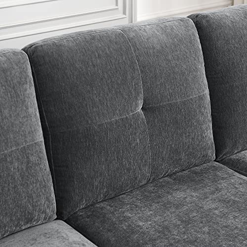 80” Convertible Sectional Sofa Couch, 3 Seats L-Shape Sofa with Removable Cushions and Pocket, Rubber Wood Legs (Dark Grey Chenille)