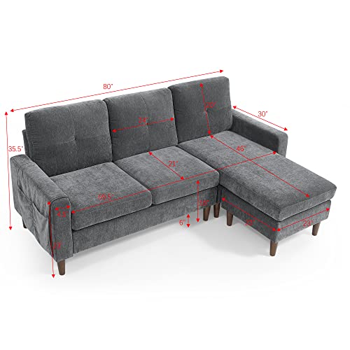 80” Convertible Sectional Sofa Couch, 3 Seats L-Shape Sofa with Removable Cushions and Pocket, Rubber Wood Legs (Dark Grey Chenille)