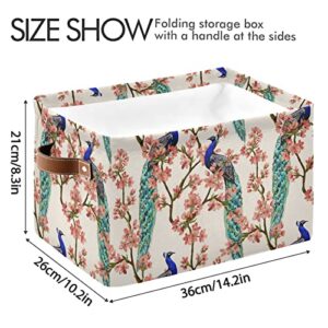 ALAZA Peacock Tropical Cherry Blossom Flower Large Storage Basket with Handles Foldable Decorative 1 Pack Storage Bin Box for Organizing Living Room Shelves Office Closet Clothes
