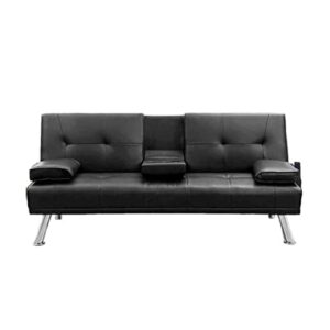 Cotoala Modern Faux Leather Futon Sofa Bed, Convertible Folding Lounge Couch with 2 Cup Holders Removable Soft Armrests and Sturdy Metal Legs for Home, Black