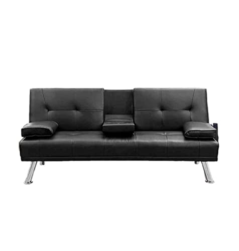 Cotoala Modern Faux Leather Futon Sofa Bed, Convertible Folding Lounge Couch with 2 Cup Holders Removable Soft Armrests and Sturdy Metal Legs for Home, Black