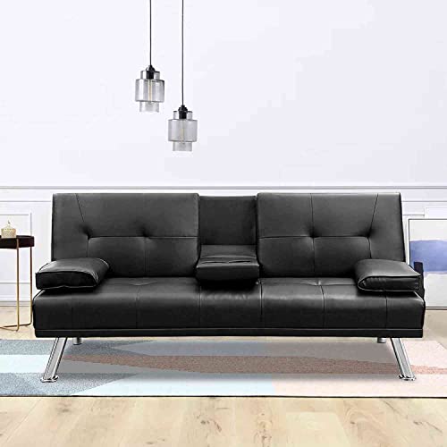 Cotoala Modern Faux Leather Futon Sofa Bed, Convertible Folding Lounge Couch with 2 Cup Holders Removable Soft Armrests and Sturdy Metal Legs for Home, Black