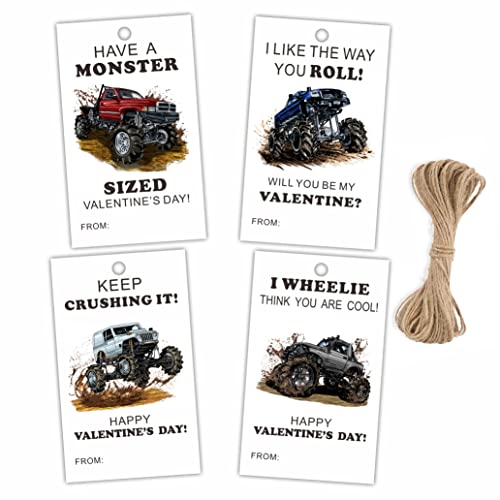 2.1" x 3.5" Valentine's Day Gift Wrap Tags | Truck and Car Theme Happy Valentine's Day Gift Wrapping Decorations and Supplies for Kids | 40 Gift Tags with Strings-DP-003