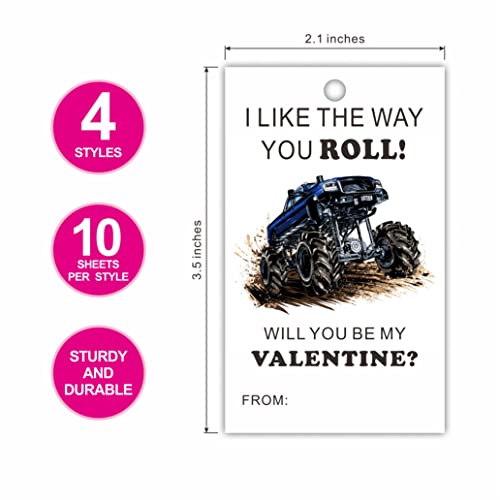 2.1" x 3.5" Valentine's Day Gift Wrap Tags | Truck and Car Theme Happy Valentine's Day Gift Wrapping Decorations and Supplies for Kids | 40 Gift Tags with Strings-DP-003