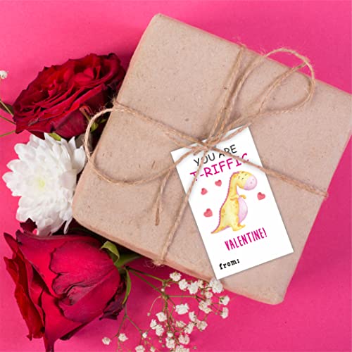 2.1" x 3.5" Valentine's Day Gift Wrap Tags | Dinosaur Theme Happy Valentine's Day Gift Wrapping Decorations and Supplies for Kids | 40 Gift Tags with Strings-DP-002