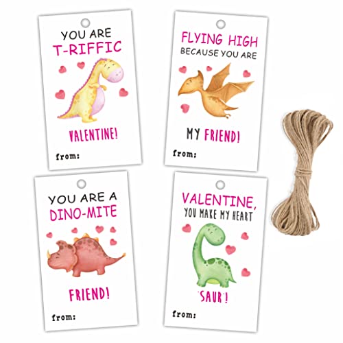 2.1" x 3.5" Valentine's Day Gift Wrap Tags | Dinosaur Theme Happy Valentine's Day Gift Wrapping Decorations and Supplies for Kids | 40 Gift Tags with Strings-DP-002