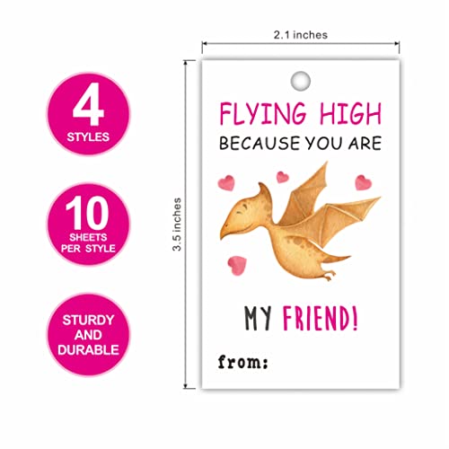 2.1" x 3.5" Valentine's Day Gift Wrap Tags | Dinosaur Theme Happy Valentine's Day Gift Wrapping Decorations and Supplies for Kids | 40 Gift Tags with Strings-DP-002