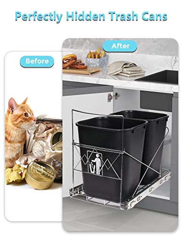 Double 35-Quart Pull-Out Trash Can Under Cabinet, Sliding Cabinet Trash Can Pull Out Kit for 18-Inch Wide Cabinets, Slide-Out Dual Trash Can Rack for Kitchen Cabinets, Garbage Can Not Included