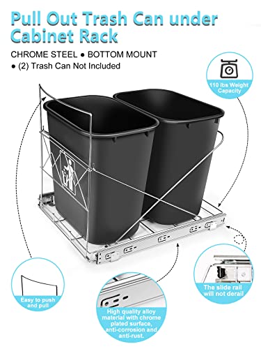 Double 35-Quart Pull-Out Trash Can Under Cabinet, Sliding Cabinet Trash Can Pull Out Kit for 18-Inch Wide Cabinets, Slide-Out Dual Trash Can Rack for Kitchen Cabinets, Garbage Can Not Included